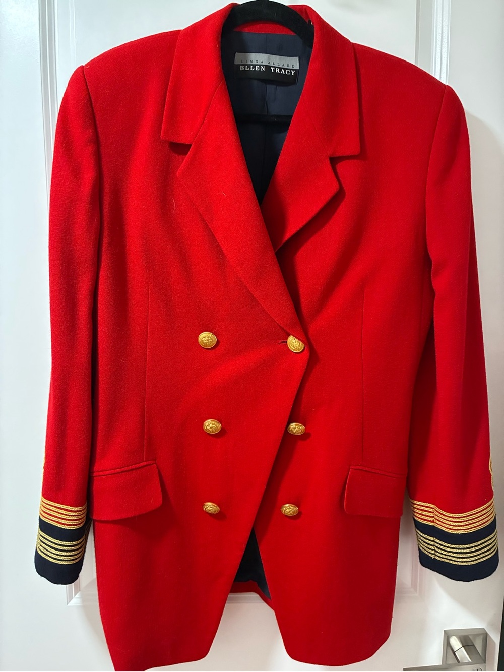 Vintage Ellen Tracy Vibrant Red Double-Breasted Blazer with Gold Buttons